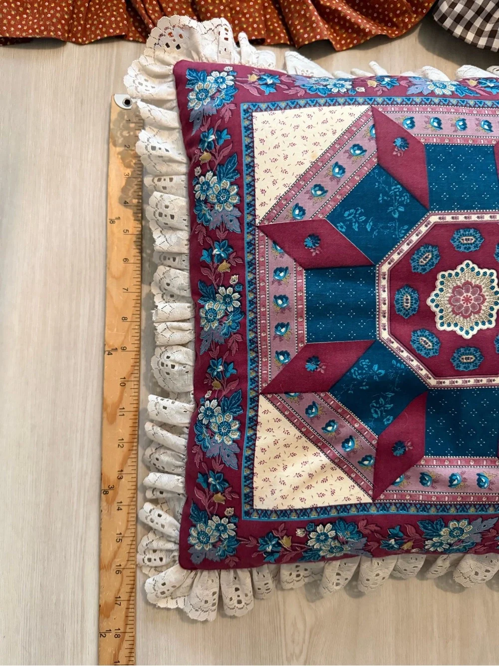 Vintage Retro Quilt Lace Throw Pillows Set 3 MCM